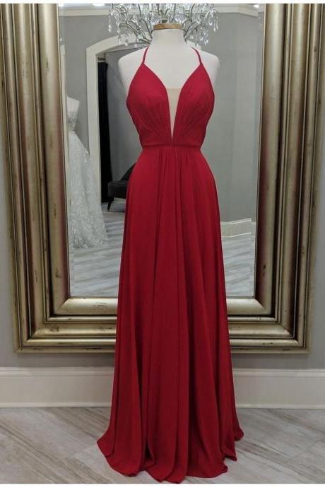 Dark Red Chiffon Long Prom Dresses Evening Gowns