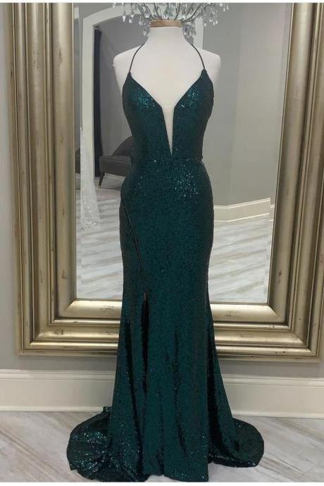 Split Black Sequin Prom Dress