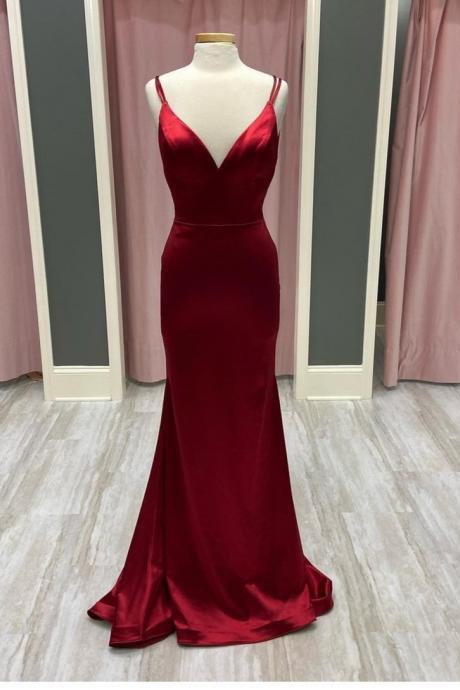 Sleeveless V Neck Evening Gown Red Satin Simple Prom Dress