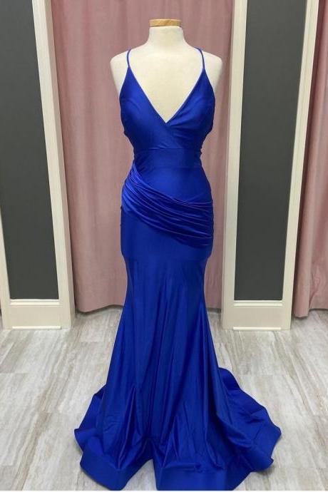 V Neck Royal Blue Prom Dress Long Evening Gowns