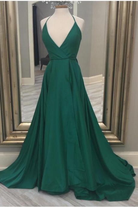 V Neck Emerald Green Prom Dress Long Evening Gown