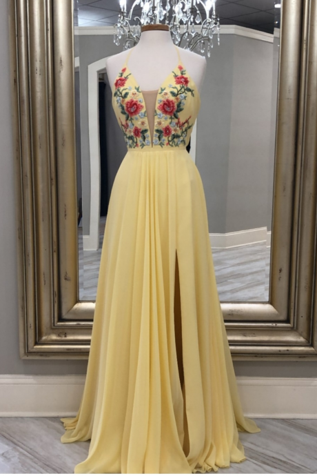 Split Yellow Chiffon Prom Dress Long Evening Gown With Floral Bodice
