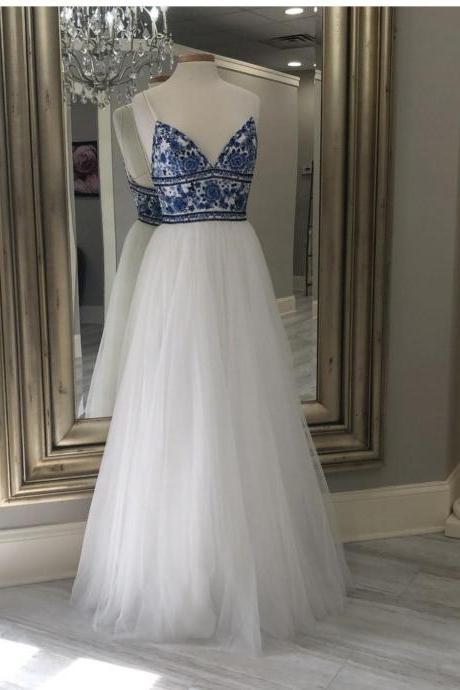 Ivory Tulle Boho Prom Dress With Blue Lace Bodice