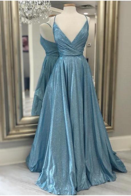 Blue Shimmer Long Prom Dresses With V Neck