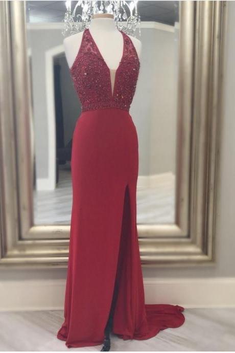 Mesh V-neck Dark Red Long Prom Dress With Slit