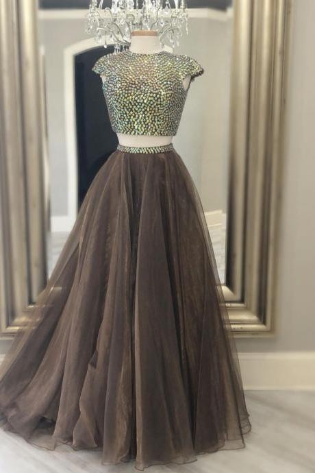 Two Piece Prom Dresses With Cap Sleeved Top