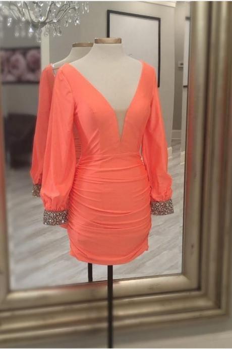 Mesh V Neck Coral Short Bodycon Dress With Long Sleeves