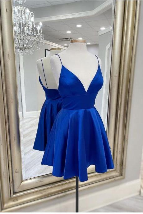 V Neck Royal Blue Short Homecoming Dress With Spaghetti Straps