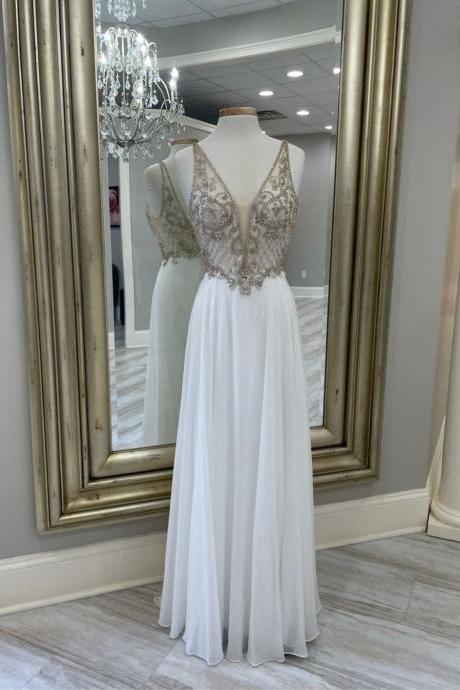 Mesh V Neck White Chiffon Prom Dresses With Beaded Bodice