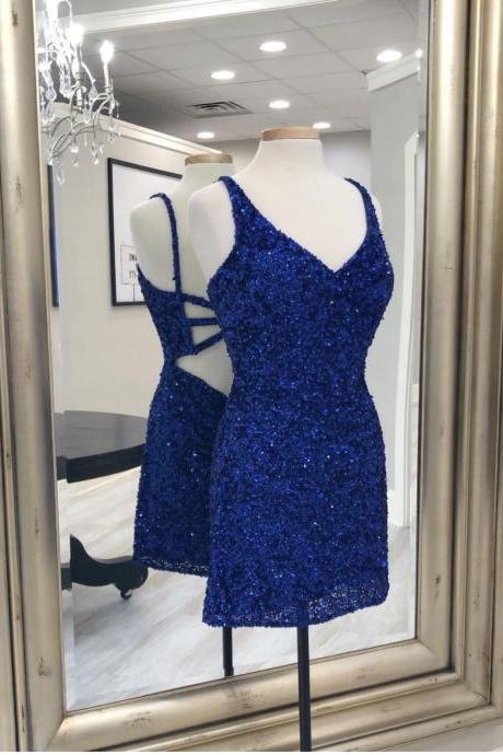 V Neck Royal Blue Sequin Bodycon Dress For Party