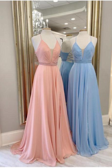 Mesh V Neck Chiffon Long Prom Dresses With Pleated Bodice