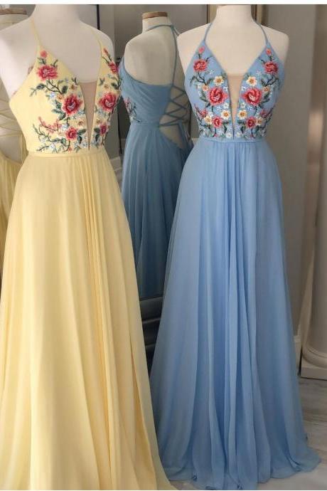 Floral Bodice Long Chiffon Prom Dress With Open Back