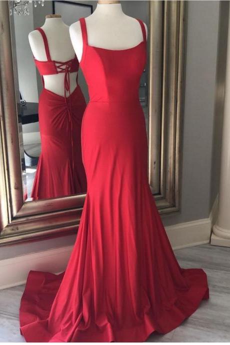 Scoop Neck Red Long Mermaid Prom Dresses For Formals
