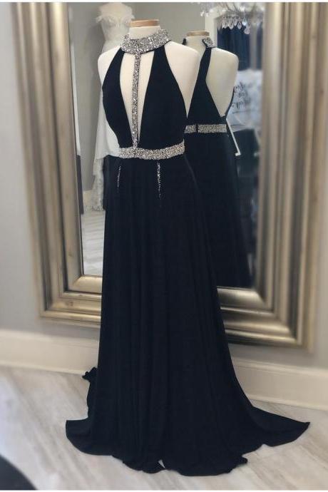 Cut Out Front Black Long Prom Dress With Beaded Collar