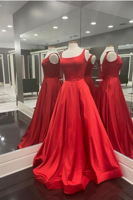 Square Neck Red Satin Long Prom Dress With Open Back