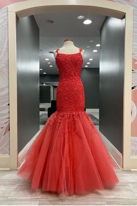 Red Mermaid Prom Dress With Lace Details