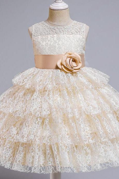Tiered Champagne Lace Flower Girl Dress with Belt
