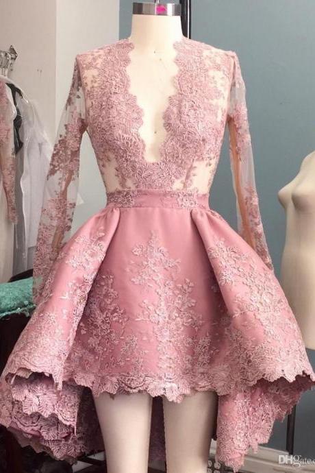 Long Sleeves Sheer Bodice Short Party Dress With Lace Detail