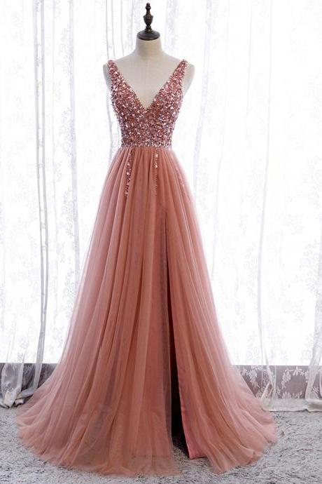 V Neck Split Long Evening Dresses With Beads Floor Length Formal Occasion Gowns