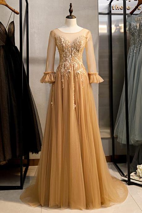 Long Sleeves Embroidered Gold Evening Gowns Formal Occasion Dress