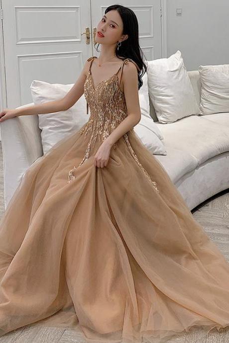 Embroidered Gold Long Evening Dresses With Beads
