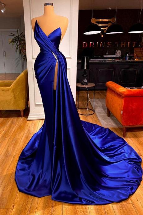 Sleeveless Royal Blue Pageant Dress With Slit