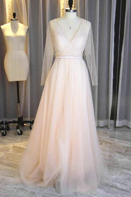 Long Sleeves Peach Wedding Dresses With Beads