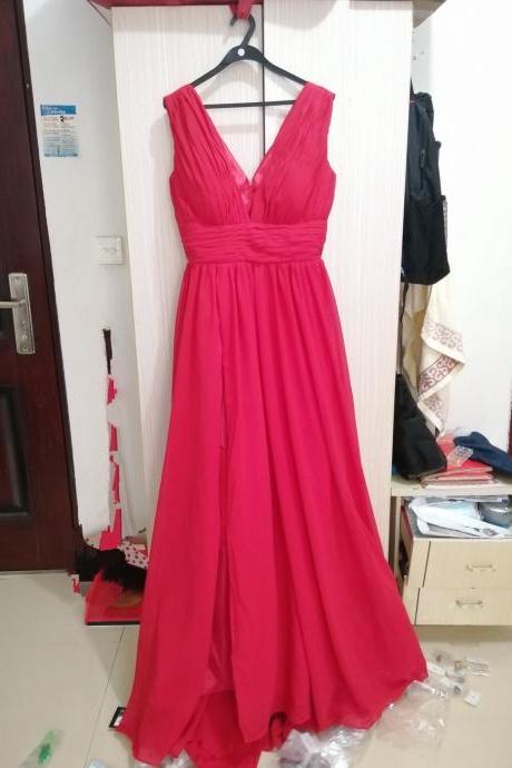 V Neck Red Chiffon Long Prom Dress With Slit Evening Gowns Maxi Dress