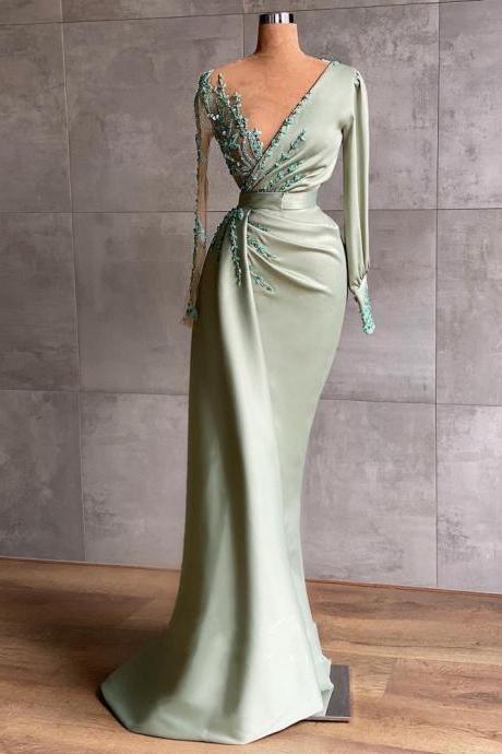 Long Sleeves Sheer Neck Pageant Dress With Beads