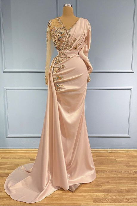 Long Sleeves V Neck Pageant Dress Evening Gown With Beads