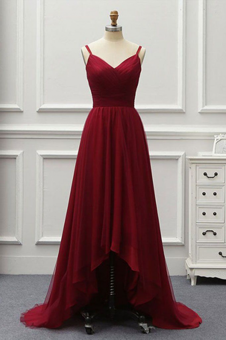 V Neck Dark Red High Low Pageant Dress Formal Evening Gowns