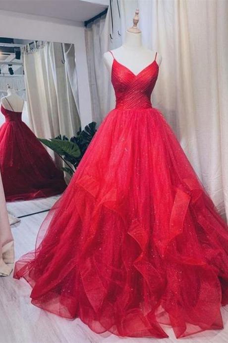 V Neck Glitter Red Ball Gown Prom Dress