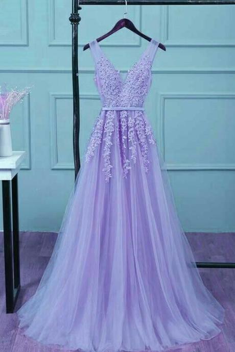 V Neck Lavender Long Evening Dresses Formals