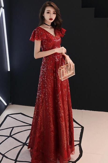 V Neck Sparkle Red Long Formal Occasion Dresses Evening Gown With Cap Sleeves