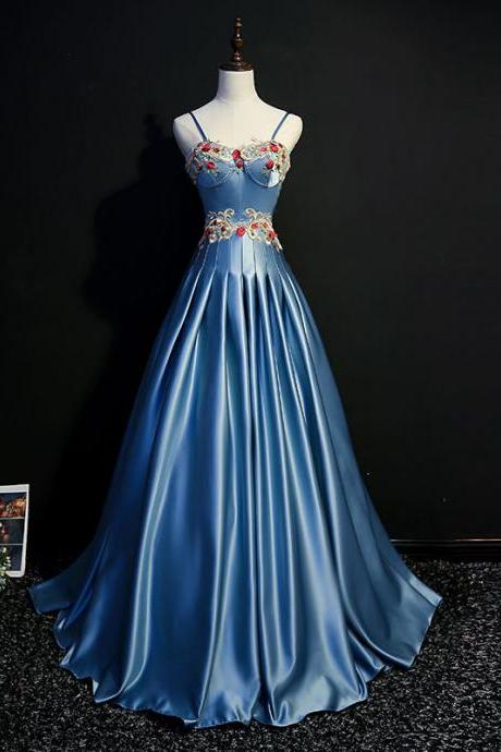 Spaghetti Straps Long Satin Formal Pageant Dress Evening Gown With Embroidery