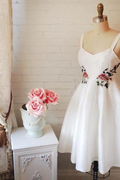 White Homecoming Party Dress with Floral Embroidery