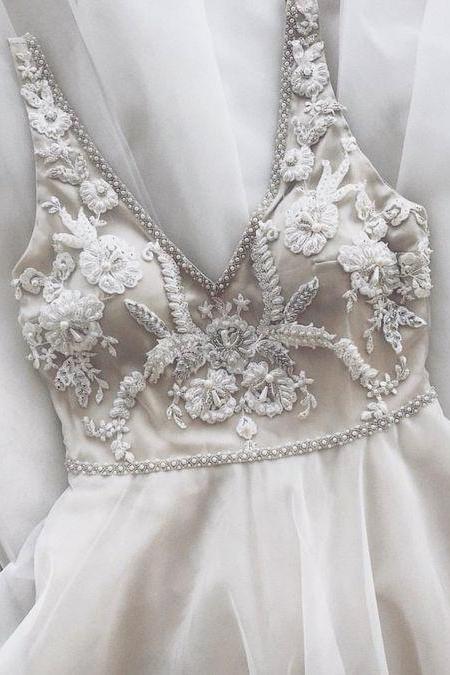 V Neck Champagne Ivory Boho Wedding Dresses Bridal Gowns