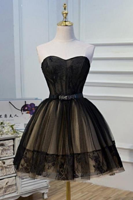 Sweetheart Champagne Black Short Party Dress With Belt