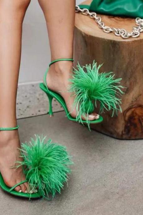 Green Ankle Straps Women Sandals Heels Shoes With Feather