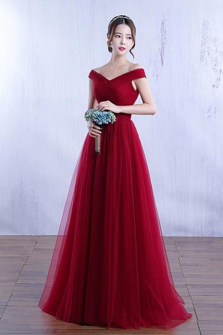 Off Shoulder Dark Red Tulle Long Formal Dresses Evening Gowns