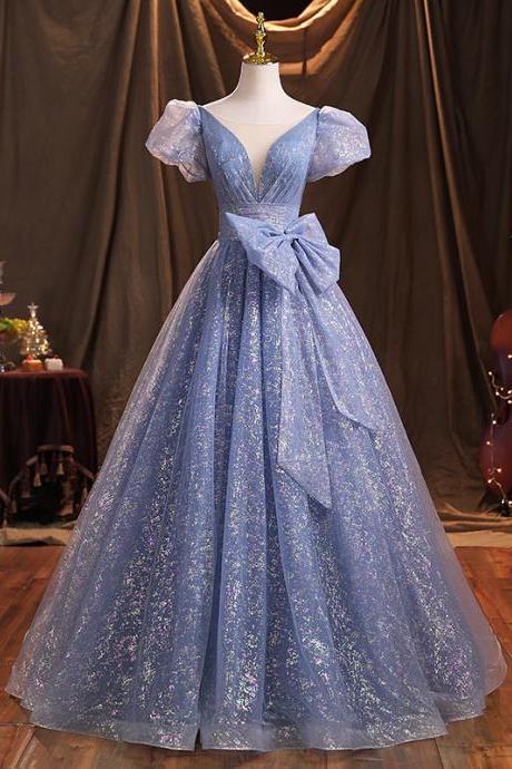 Puffy Sleeves Glitter Blue Cinderella Ball Gown Dress