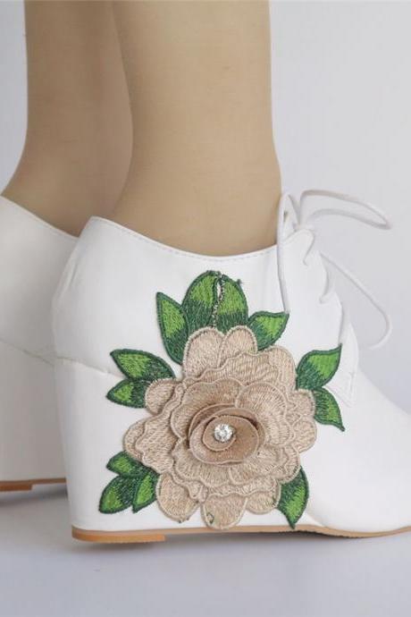 Embroidery Decor White Wedge Boots