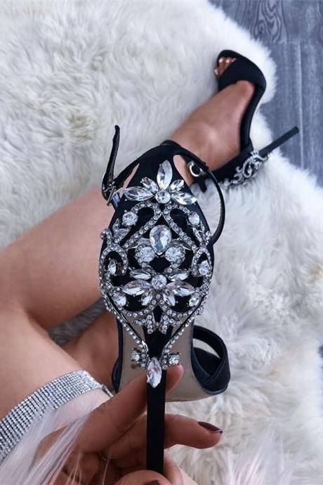 Crystals Declor Peep Toe Ankle Straps Stiletto Heeled Sandals Shoes Women