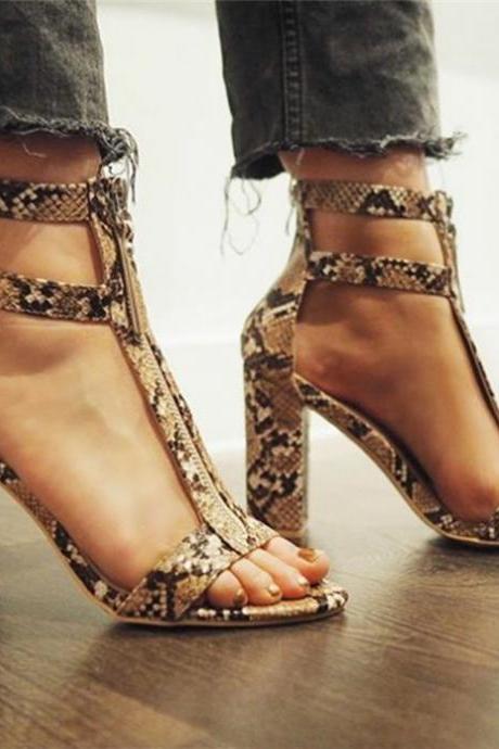 Snake Print T Strap Chunky Heeled Women Sandals