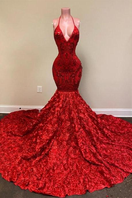 V Neck Halter Red Mermaid Prom Dress