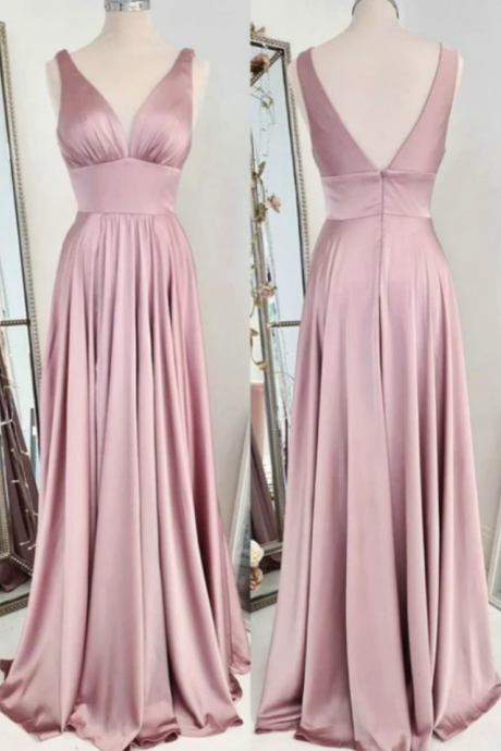 Dusty Rose Plunging Neck Long Prom Dress