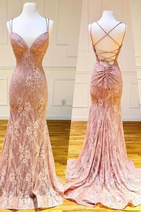 Rhinestones Decor Fitted Lace Prom Dress With Lace-up Back