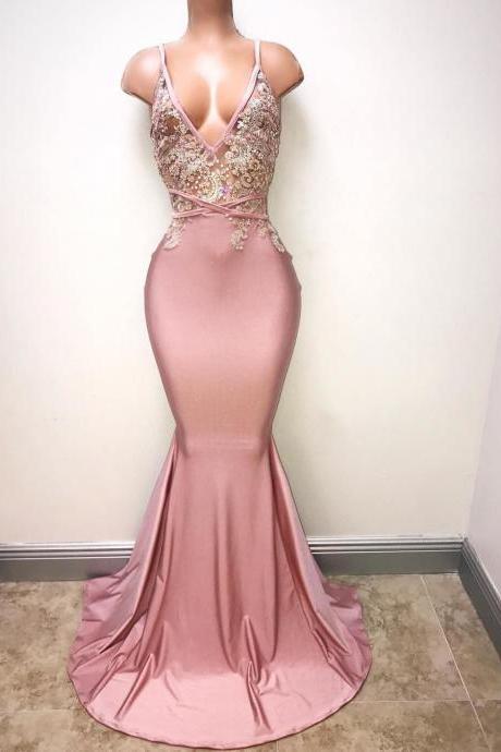 V Neck Backless Prom Dress with Long Tie Straps
