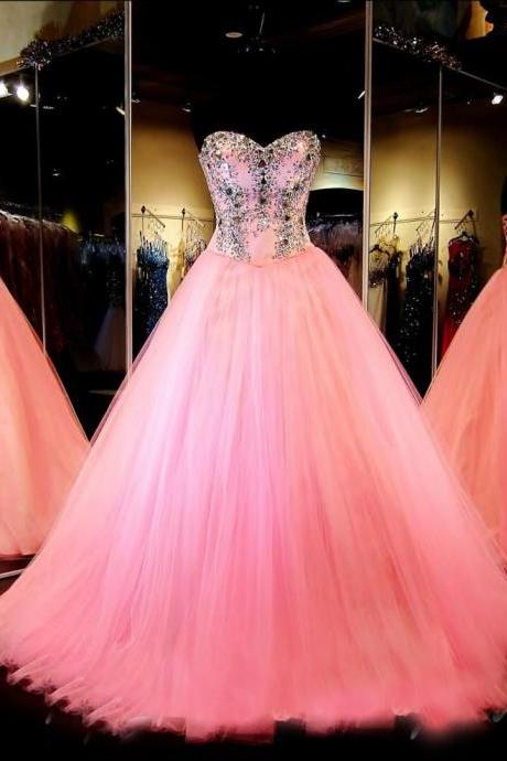 Sweetheart Neckline Pink Ball Gown Prom Dresses With Gemstones Docor