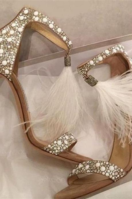 Feather Decor Ankle Strap Heeled Women Sandals